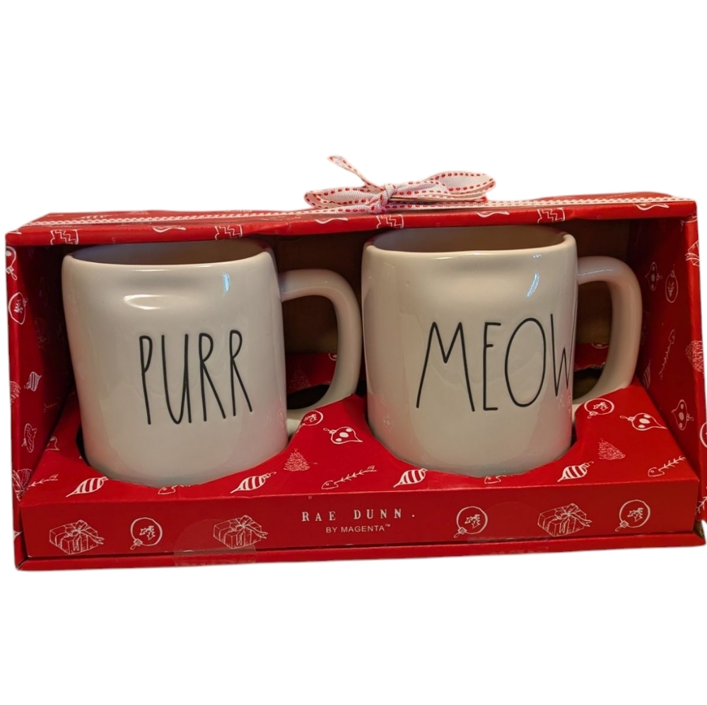 Rae Dunn Purr Meow White & Black Mug Set New In Box NWT